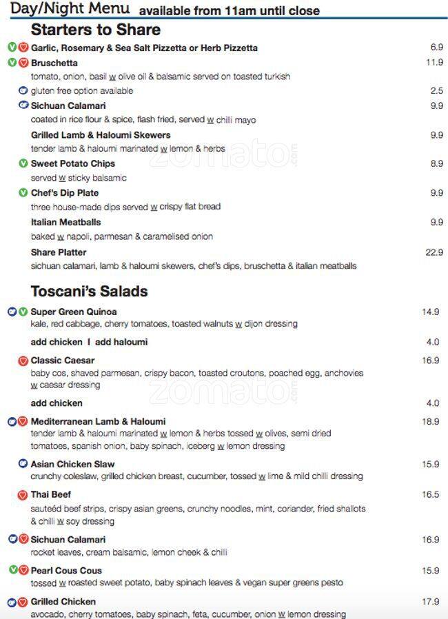 Toscani's menu