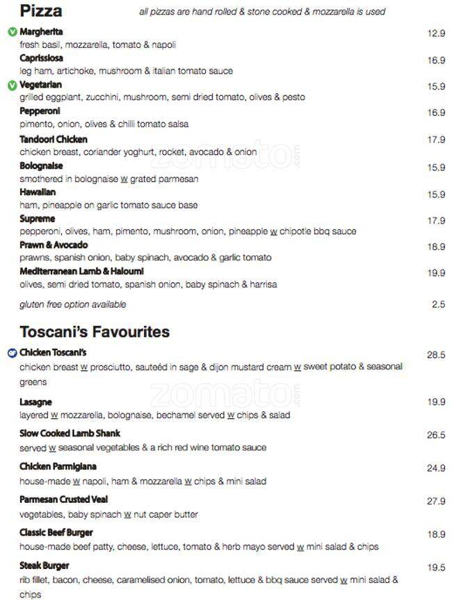 Toscani's menu