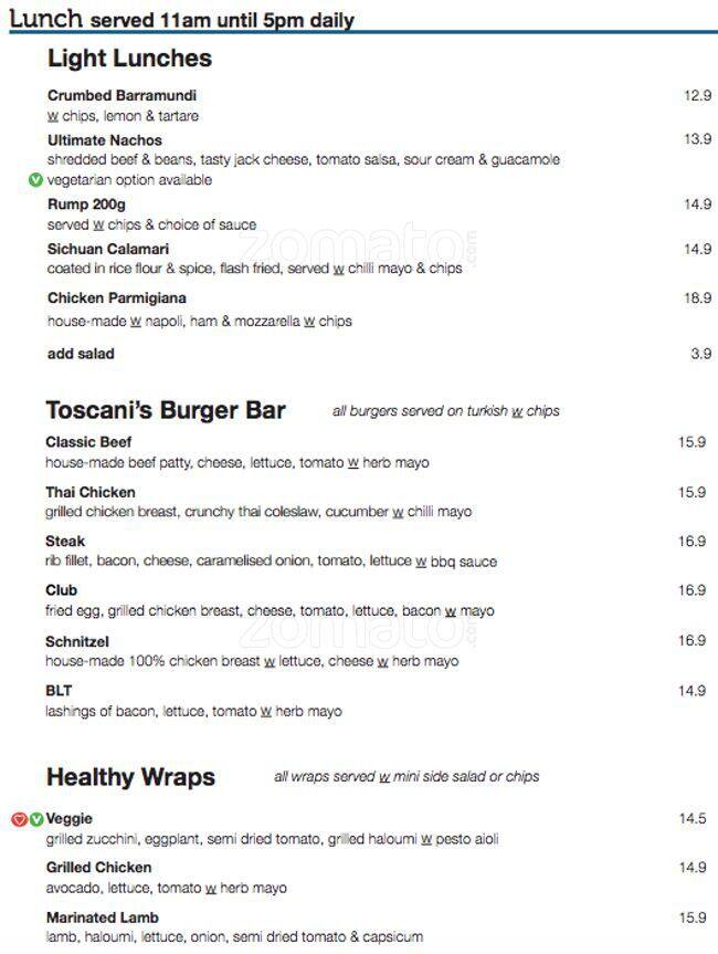 Toscani's menu