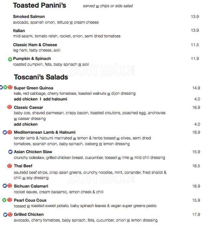Toscani's menu