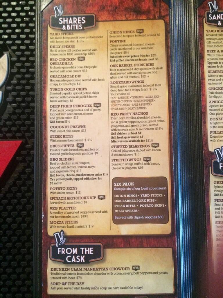 Ale Yard Tap & Grill Menu, Menu for Ale Yard Tap & Grill, Northwest Edmonton, Edmonton