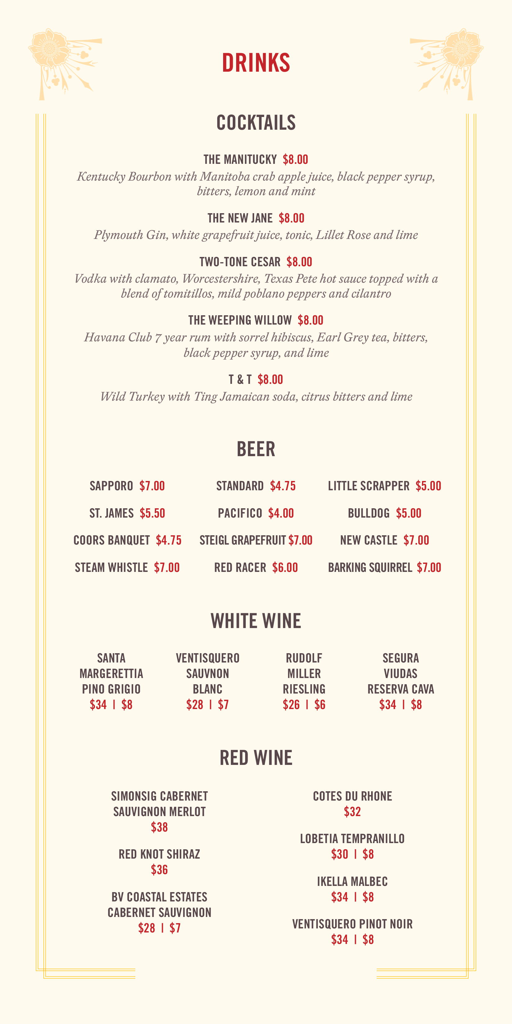 Menu at The Tallest Poppy restaurant, Winnipeg, 103 Sherbrook St