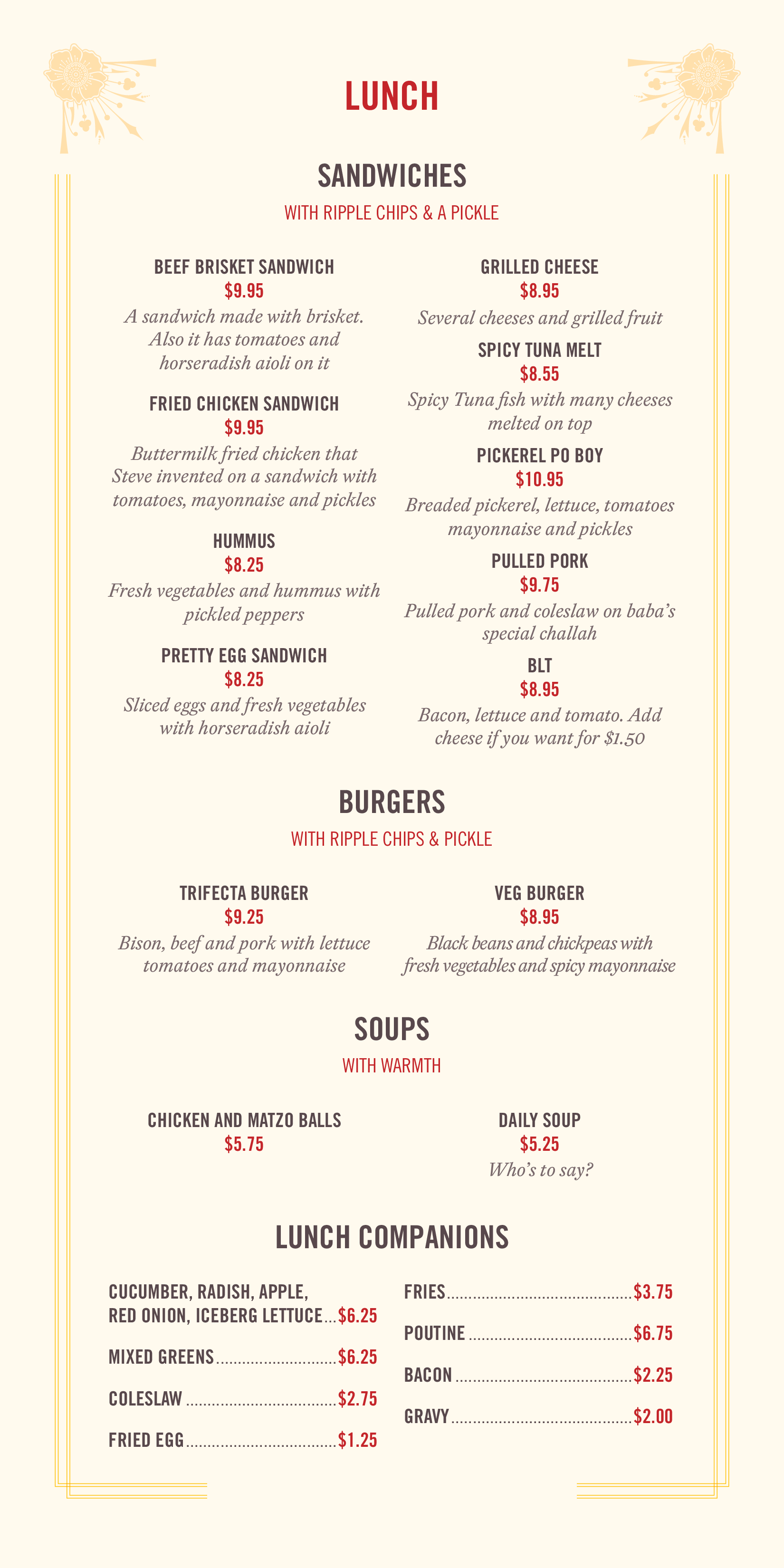 Menu at The Tallest Poppy restaurant, Winnipeg, 103 Sherbrook St