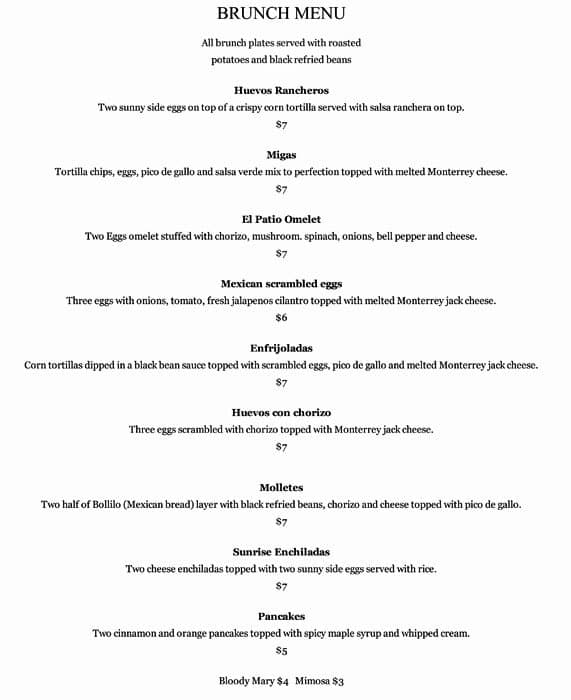 Menu at El Patio restaurant, Houston, Westheimer Rd