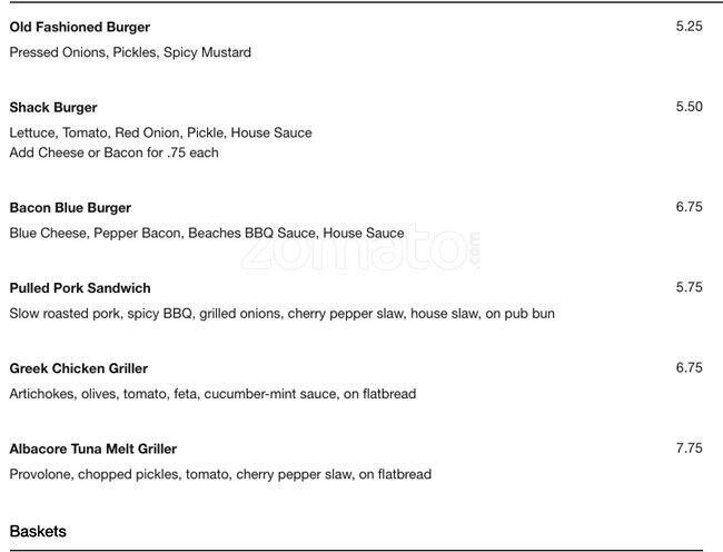 Beach Shack menu