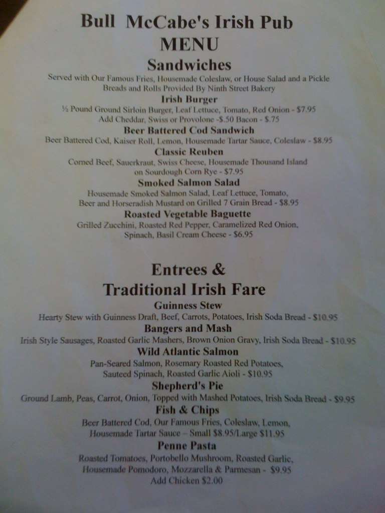 Menu at Bull McCabe's Irish Pub, Durham