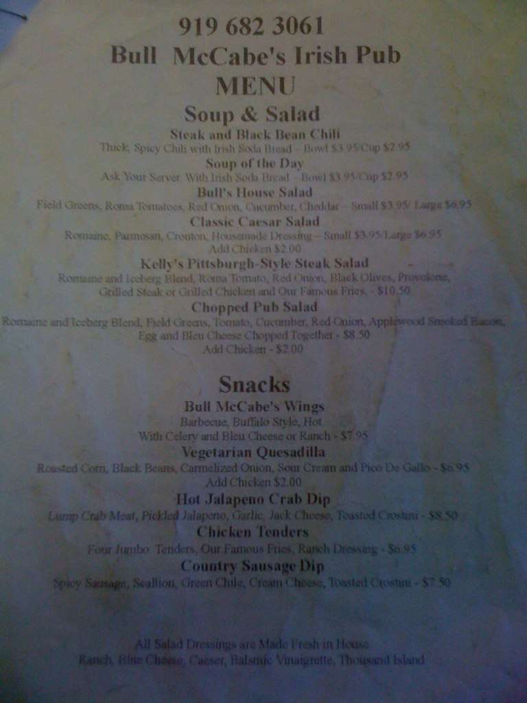 Menu at Bull McCabe's Irish Pub, Durham