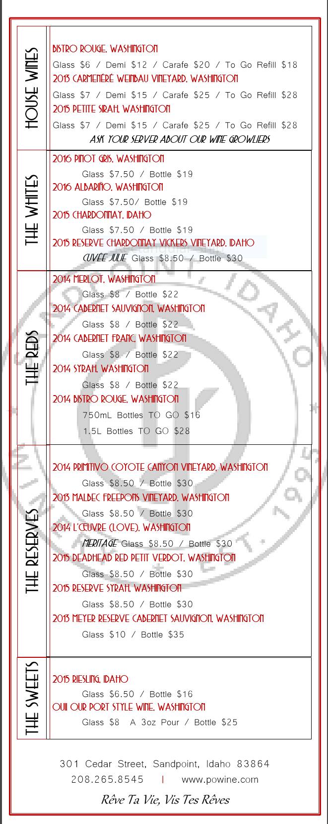 Carta de Pend d'Oreille Winery Tasting Room