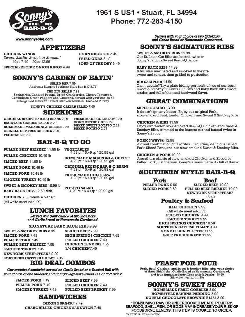 Menu At Sonny S Bbq Stuart