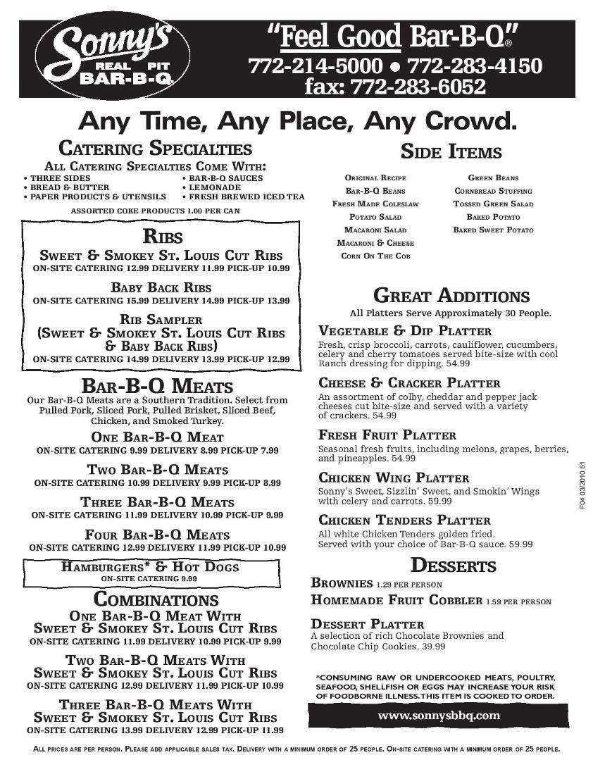 Menu at Sonny's BBQ, Stuart