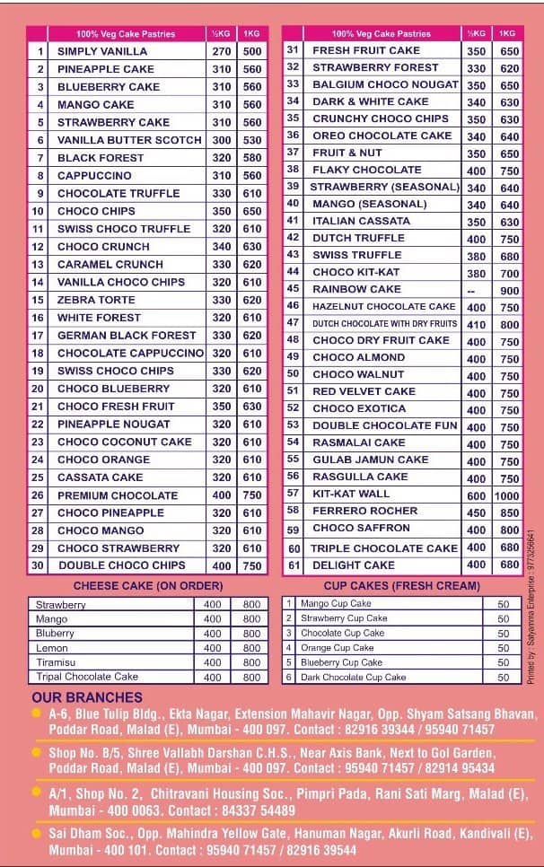Saffron Cake Shop Menu, Menu for Saffron Cake Shop, Kandivali West