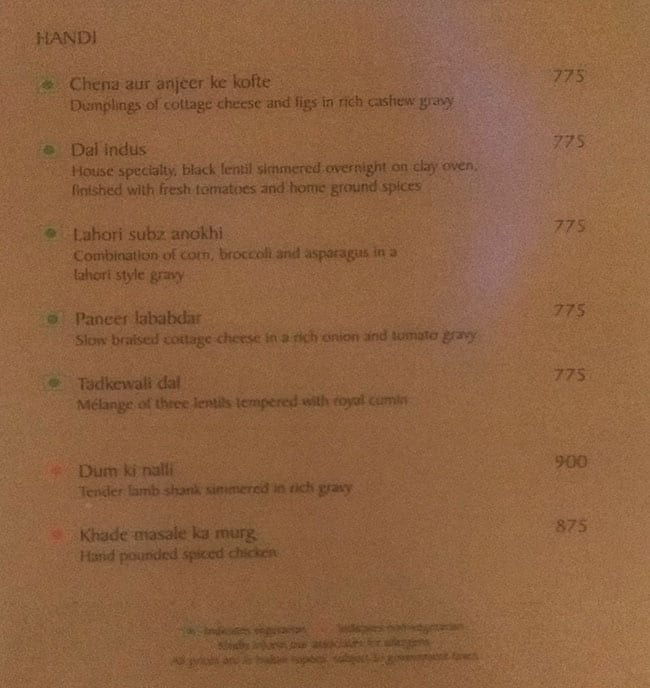 Menu at Beyond Indus, Chennai