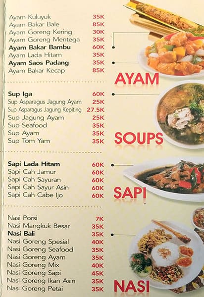 Menu at Bale Bengong restaurant, Jakarta