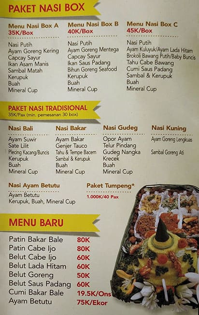 Menu at Bale Bengong restaurant, Jakarta