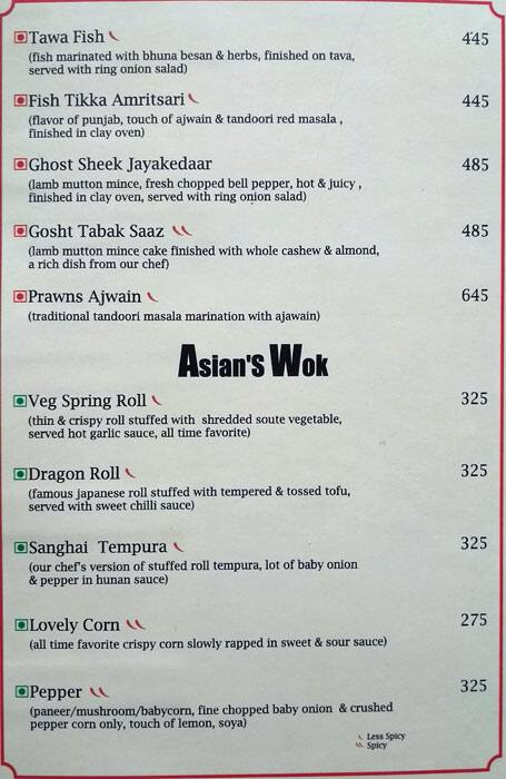 Menu at Skyline, Lucknow