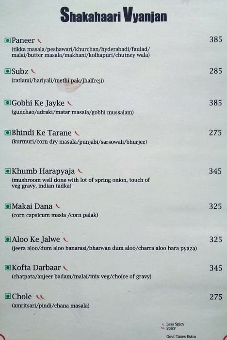 Menu at Skyline, Lucknow