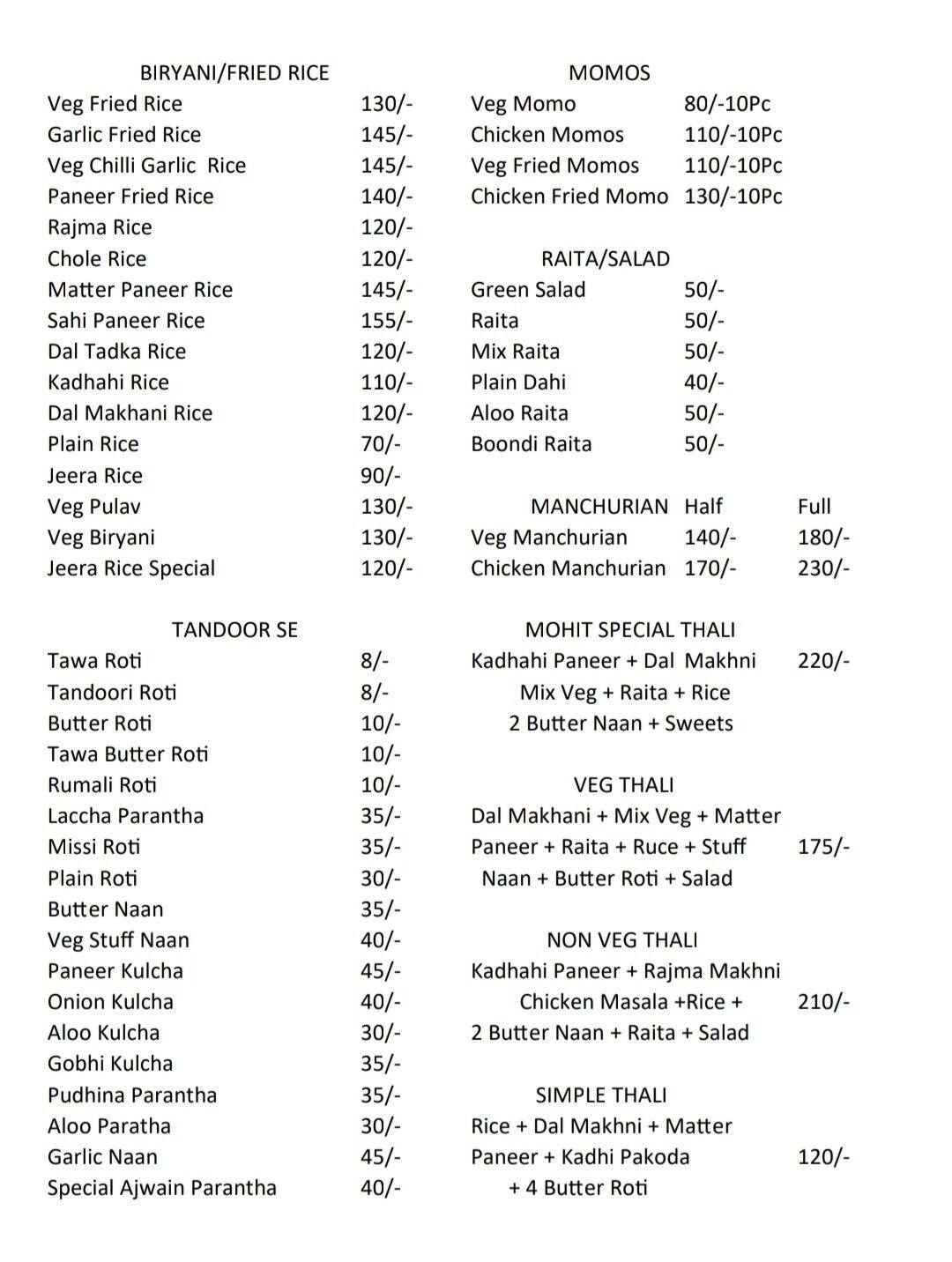 Mohit Restaurant menu