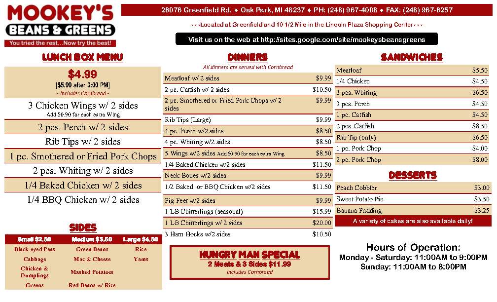 Mookey S Beans Greens Menu Menu For Mookey S Beans Greens Oak Park Detroit