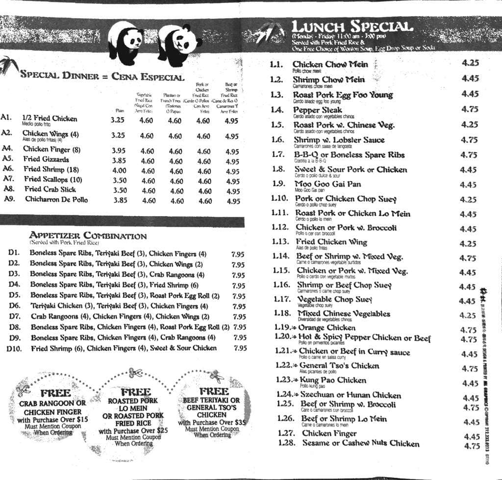 panda inn menu