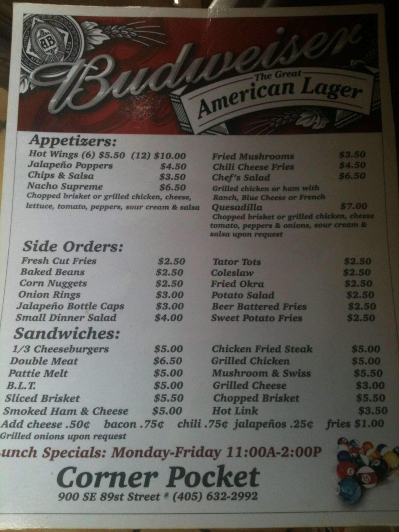 The Corner Pocket Menu, Menu for The Corner Pocket, Moore, Oklahoma