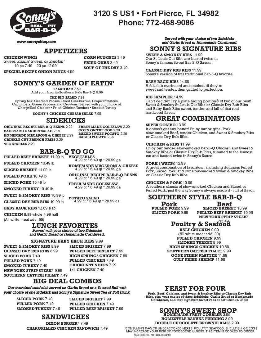 Sonny's BBQ Menu, Menu for Sonny's BBQ, Fort Pierce, Treasure Coast ...