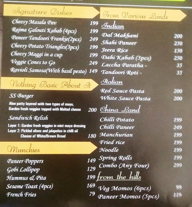 Menu of Snack Shack, Golf Course Road, Gurgaon