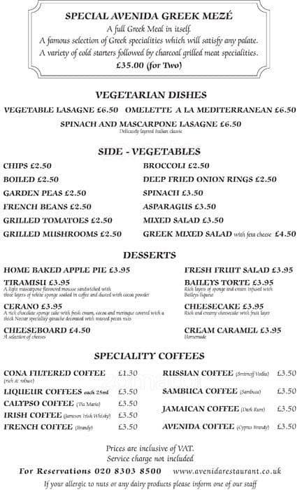 Menu at Avenida restaurant, Welling