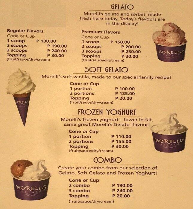 Morelli's Gelato Menu, Menu for Morelli's Gelato, Rockwell, Makati City