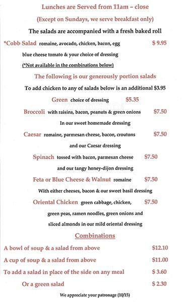 Steve's Cafe menu