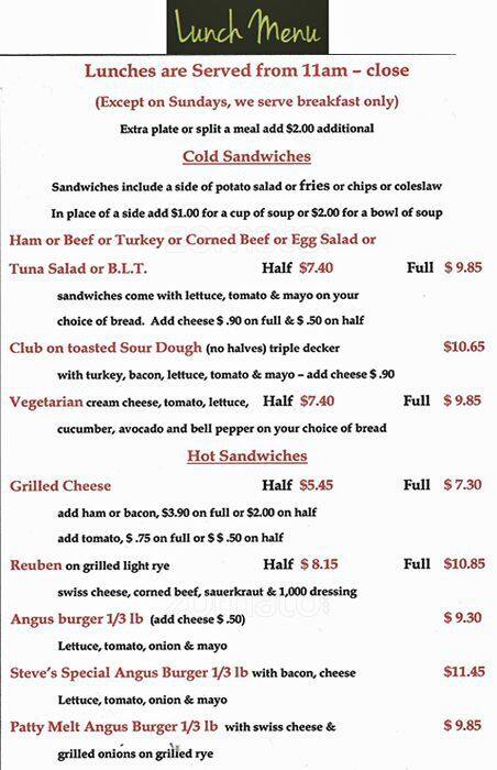 Steve's Cafe menu
