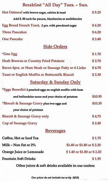 Steve's Cafe menu