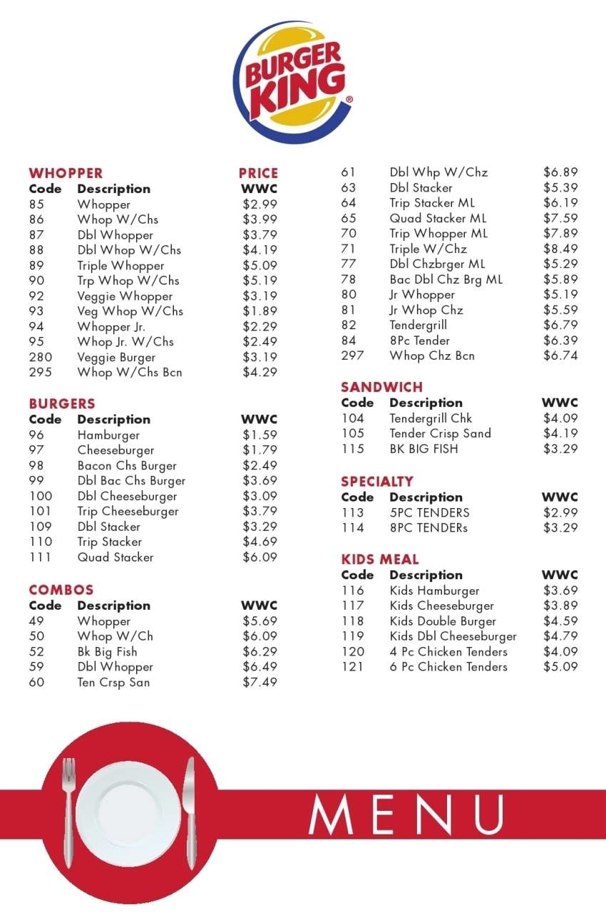 Menu of Burger King, Airport MIA, Miami