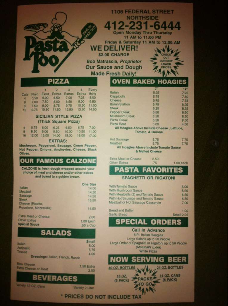 Pasta Too Menu, Menu untuk Pasta Too, North Side, Pittsburgh