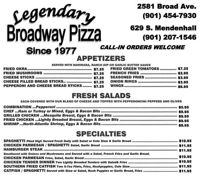 Broadway Pizza House Menu, Menu for Broadway Pizza House, East Memphis ...