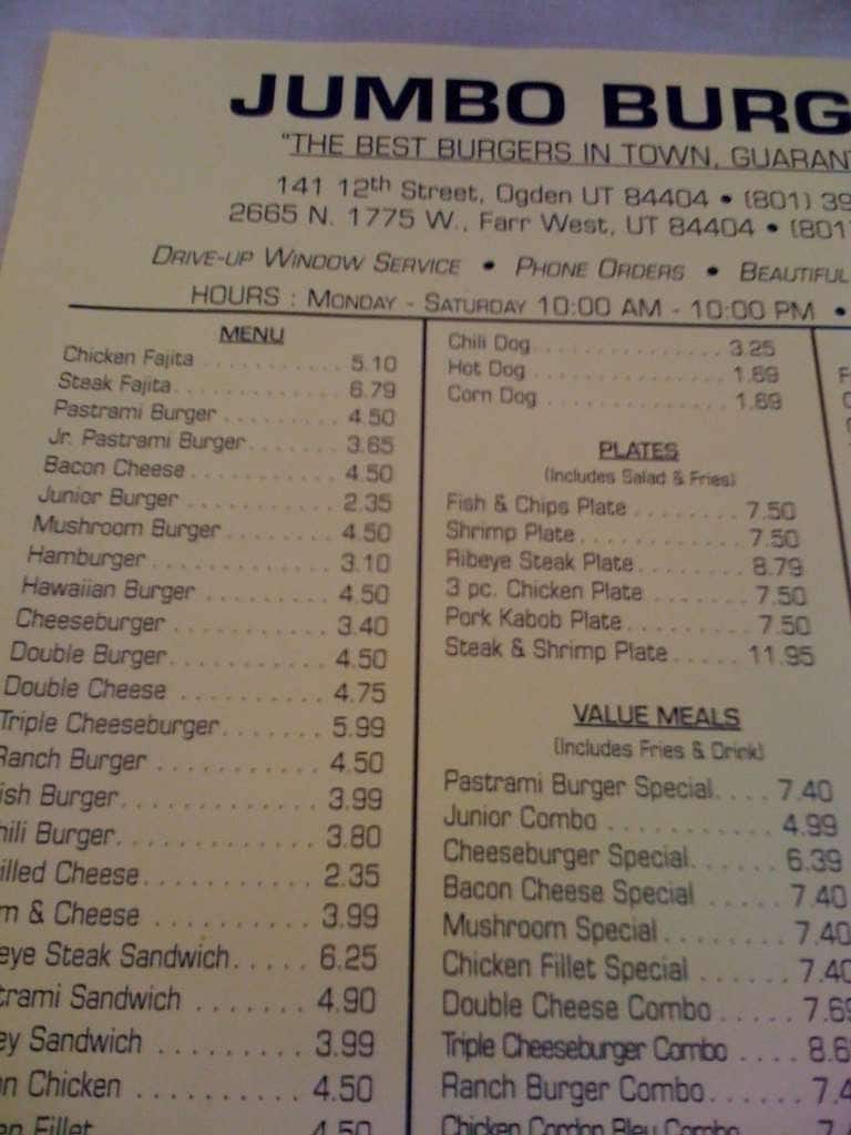 Big Jim's Burger Menu, Menu podniku Big Jim's Burger, Ogden, Salt Lake