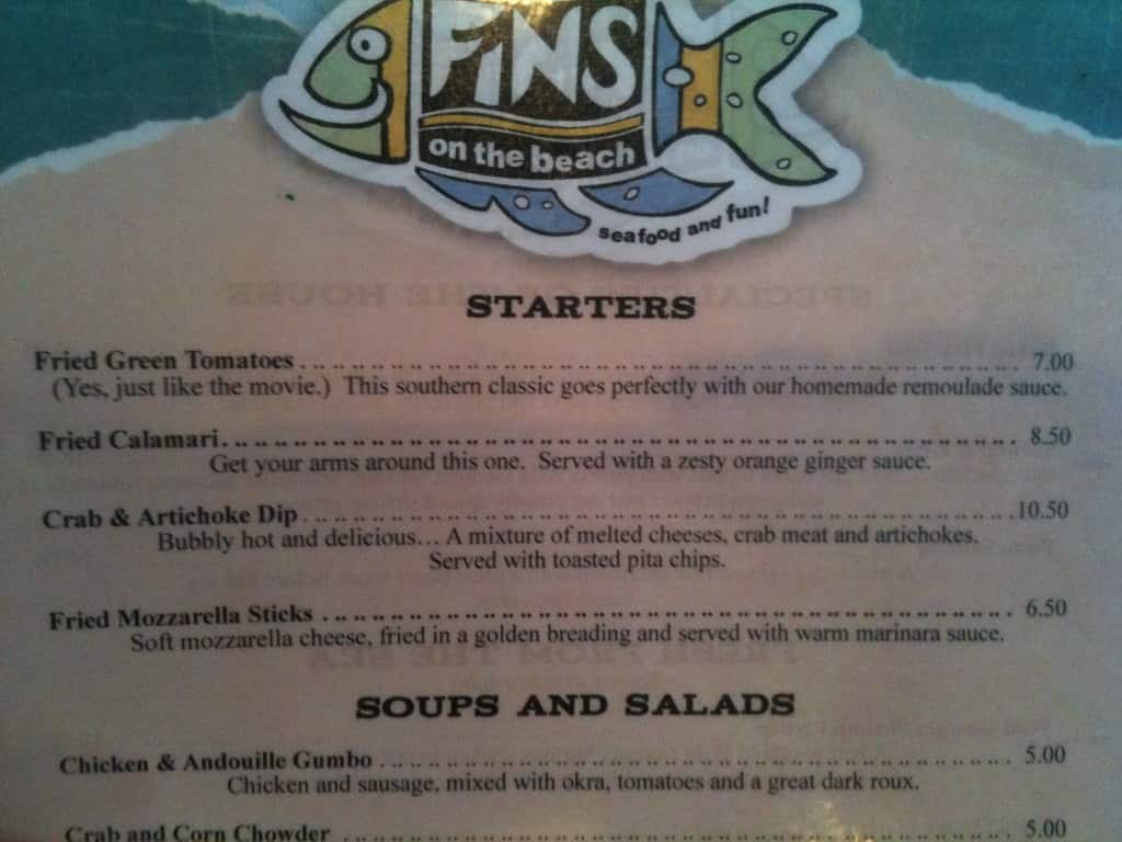 fins kitchen and bar menu