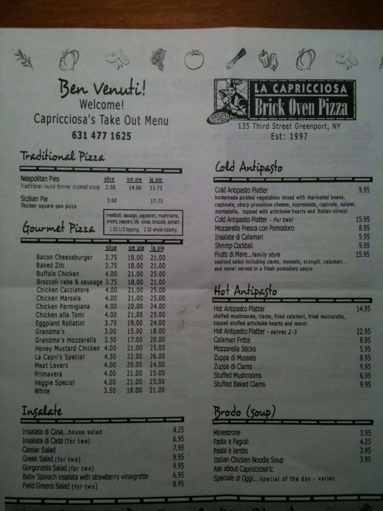 Menu at Brick Oven La Capricciosa Pizza pizzeria, Greenport