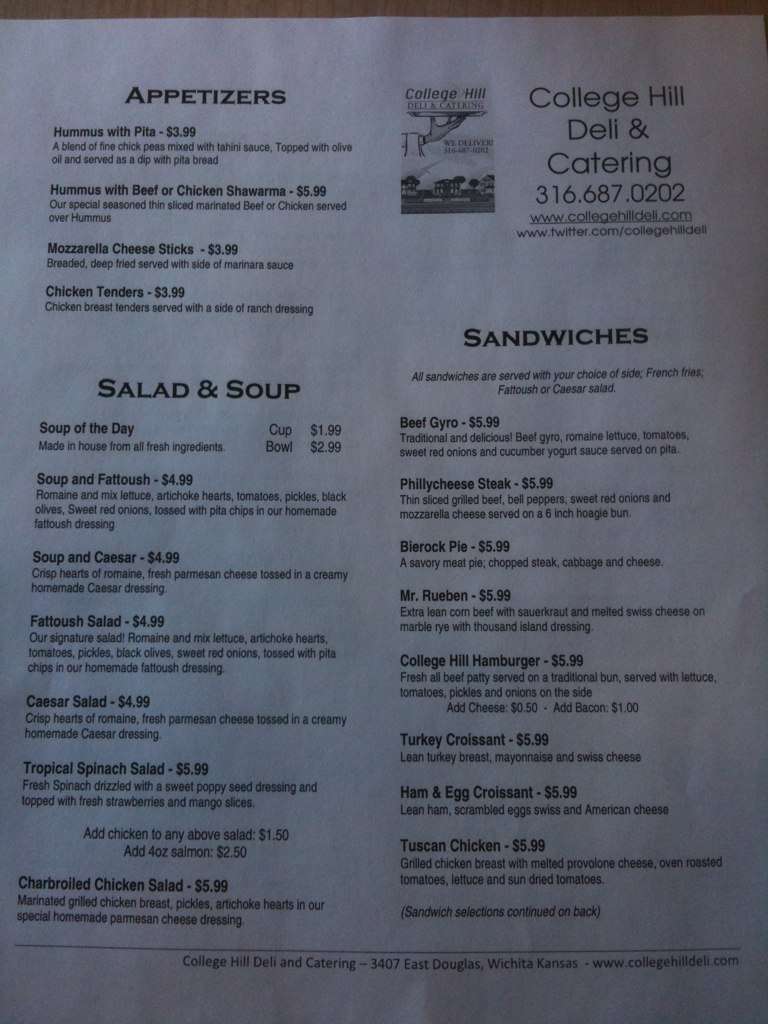 College Hill Deli and Catering Menu Urbanspoon/Zomato