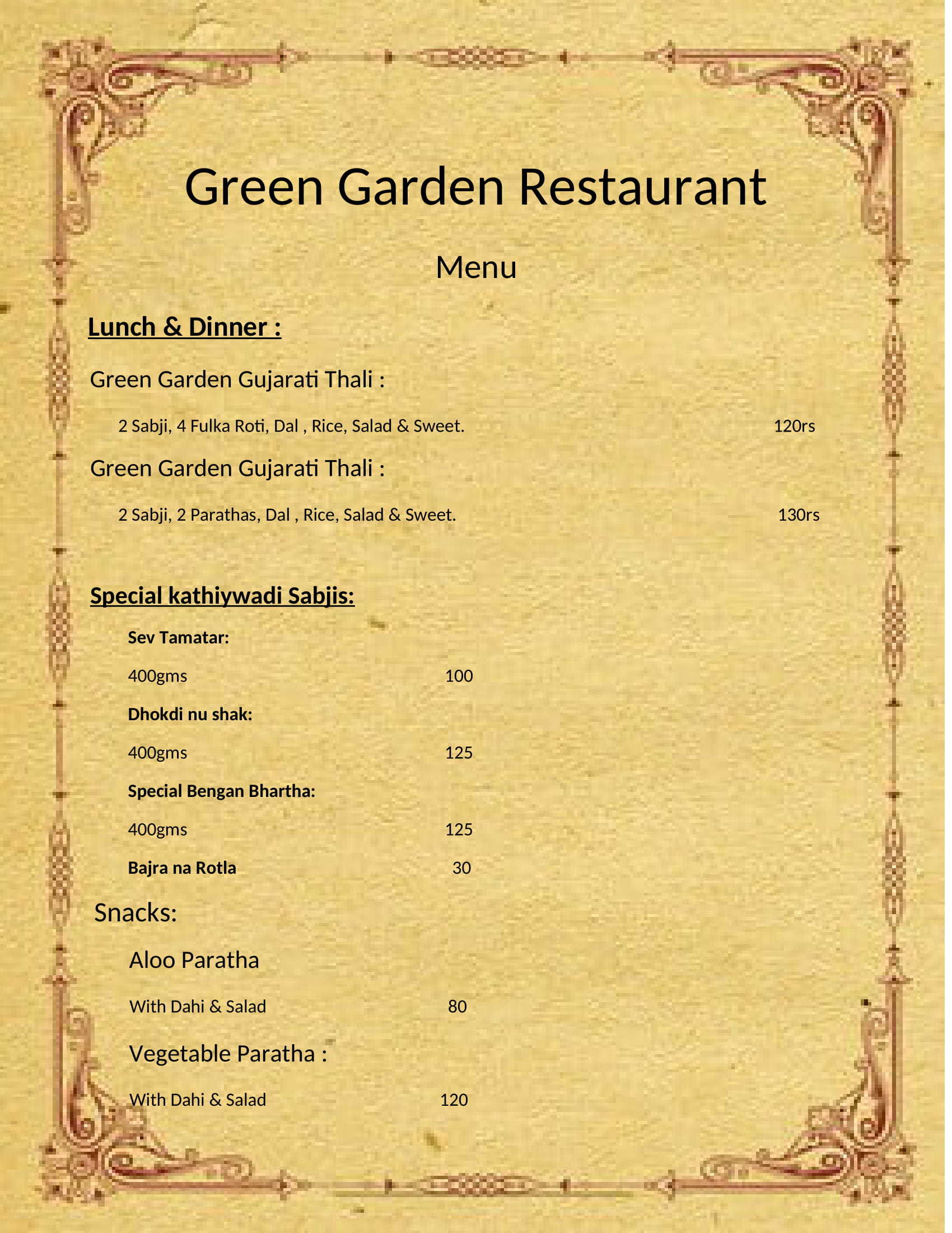 Menu at Green Garden Restaurant, Surat