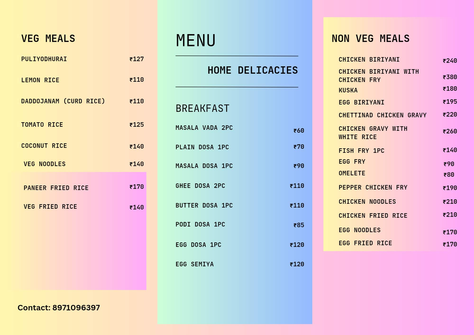 Menu of Home Delicacies, Hebbal, Bangalore