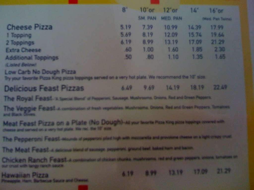 Pizza King menu, Menu restauracji Pizza King, McCordsville