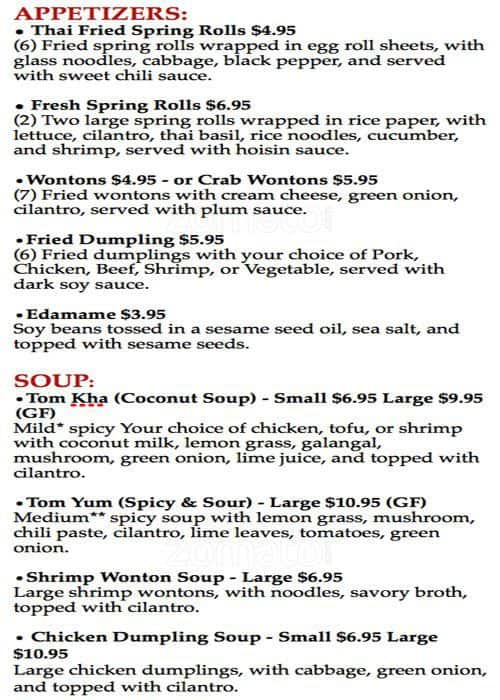 Menu at Secret Thai Cafe, Sandpoint