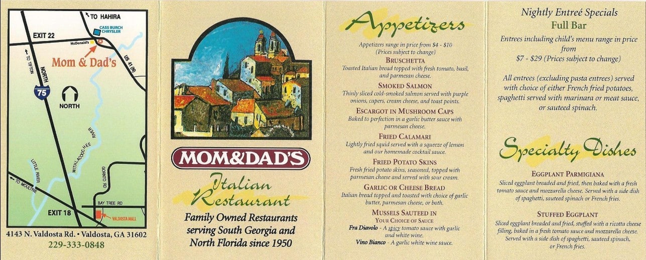 Menu at Mom and Dad's restaurant, Valdosta