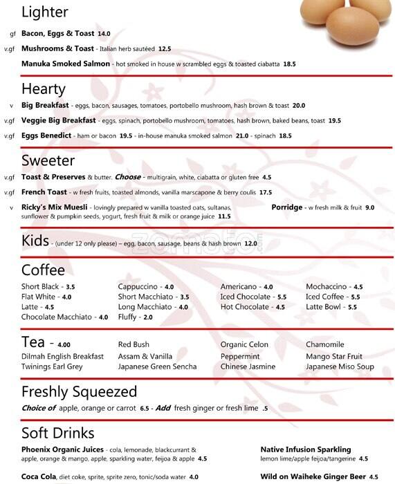 Ricky's Cafe Bar Menu, Menu for Ricky's Cafe Bar, Waiheke Island