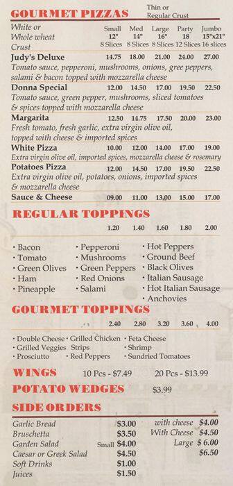 Judy's Italian Pizzeria menu