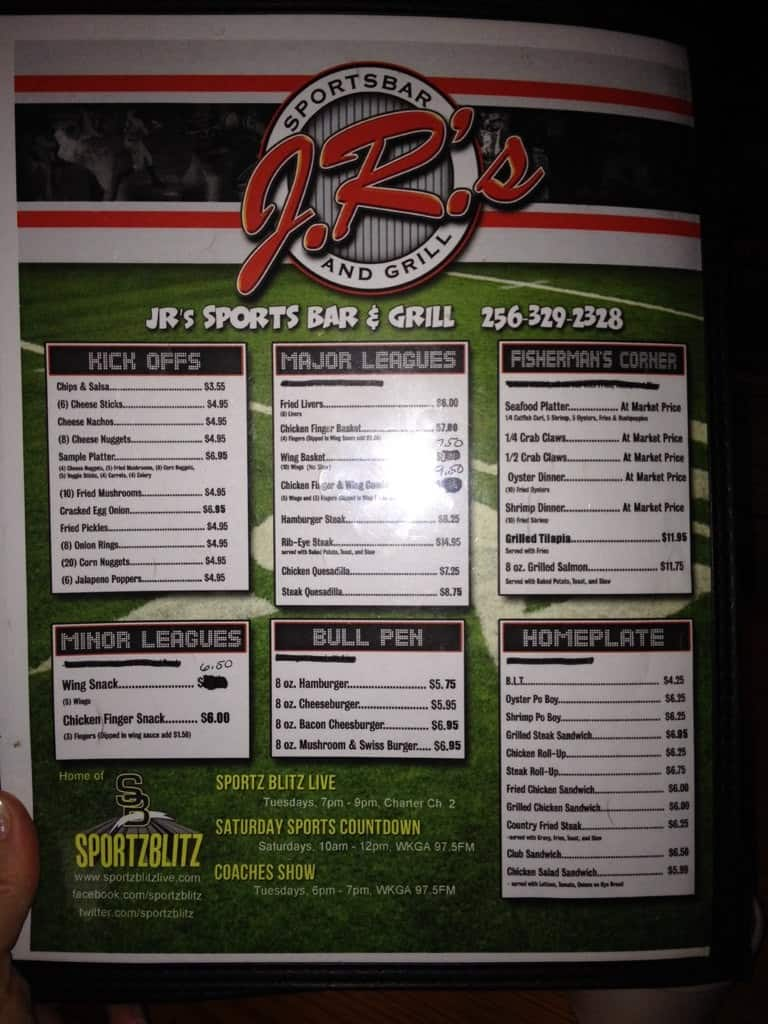 Menu at JR’s Sportsbar and Grill, Alexander City