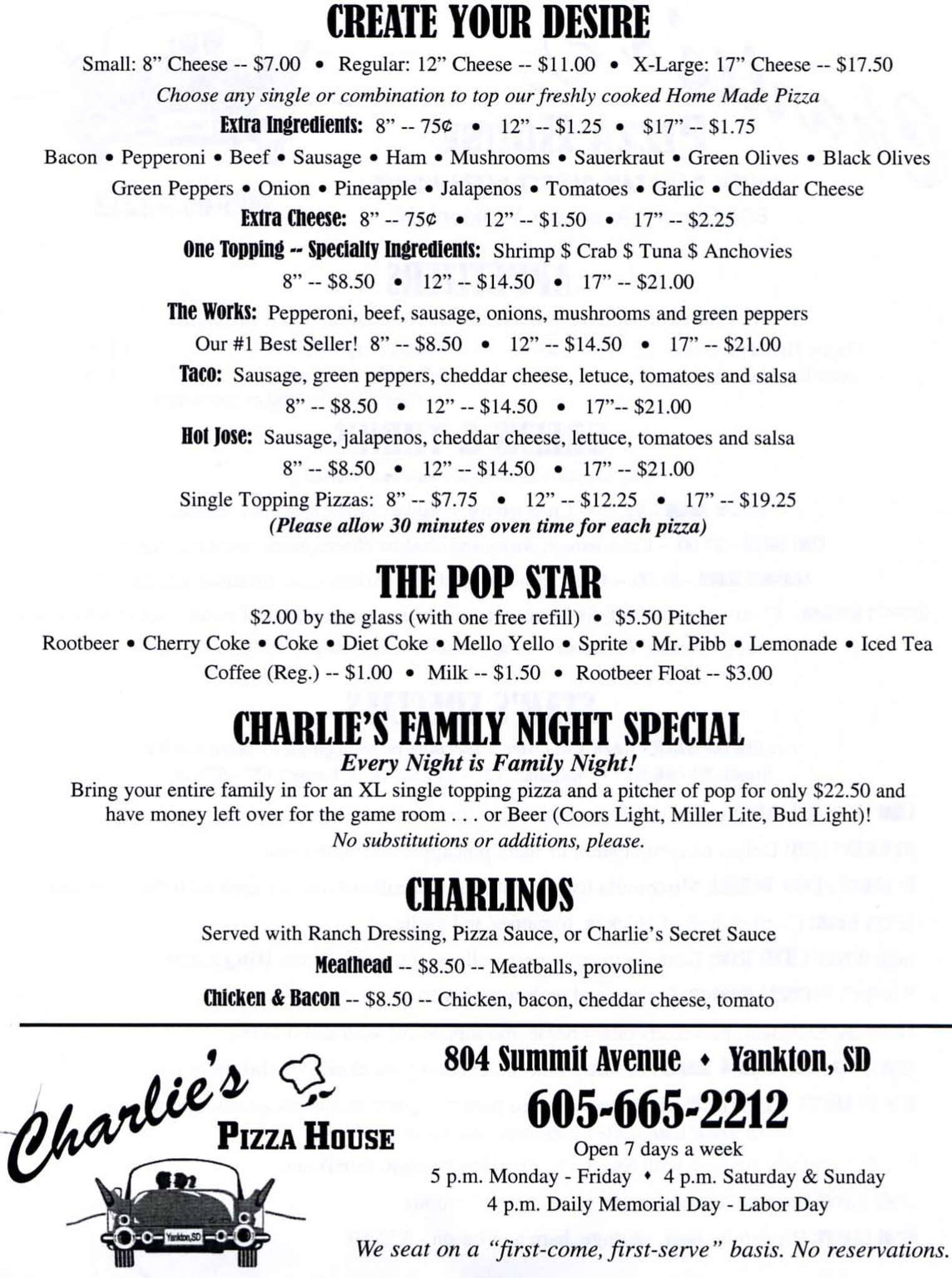 Online Menu of Charlies Pizza House Restaurant, Yankton, South Dakota, 57078 Zmenu