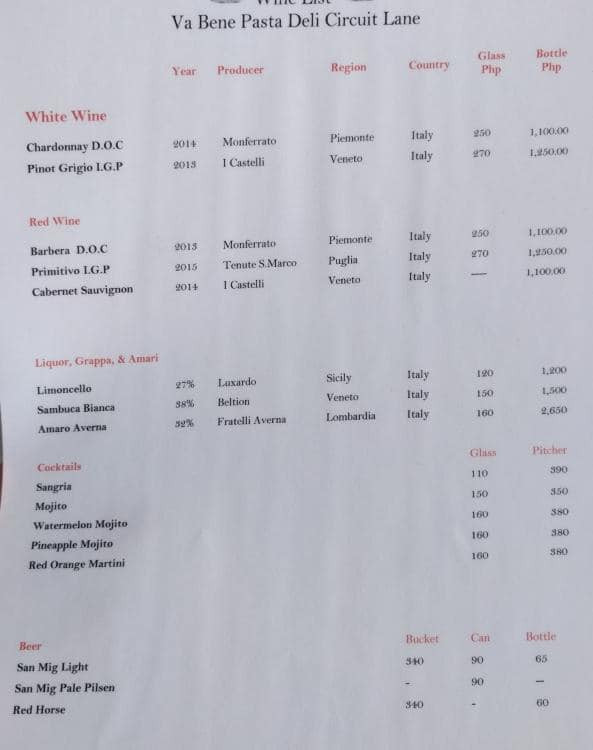 Va Bene Pasta Deli Menu, Menu for Va Bene Pasta Deli, Olympia, Makati