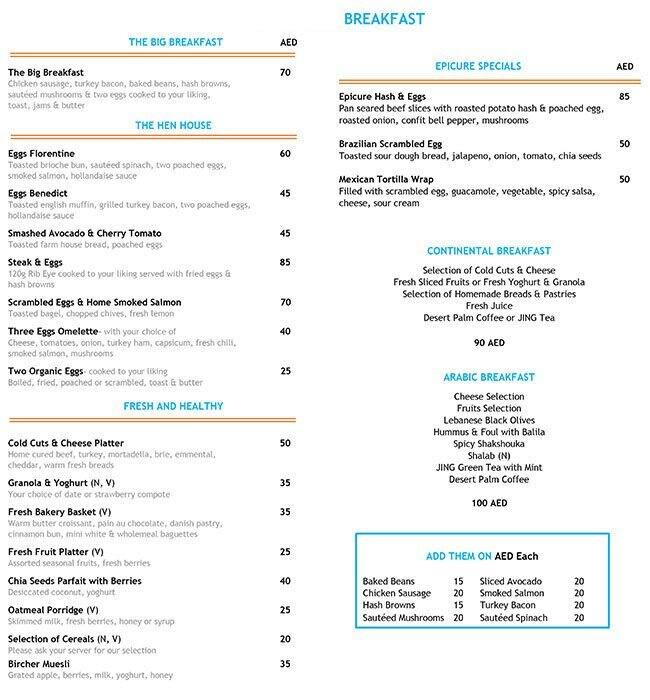 Epicure Desert Palm Resorts and Hotel Menu Zomato