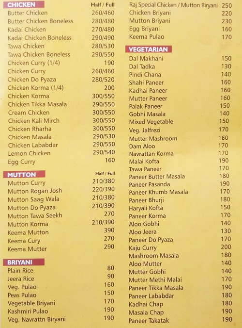 Raj Foods menu